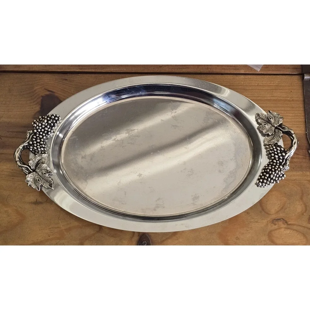 Vintage Towle Silversmiths Stainless Steel Serving Tray Oval Grape Vine Handles